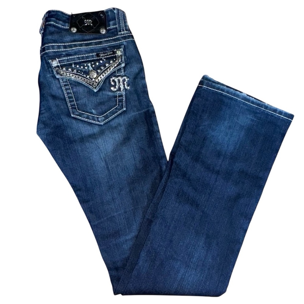 Miss Me Low Rise Bootcut Blue Jeans with Rhinestone and Silver Chains - 26”
